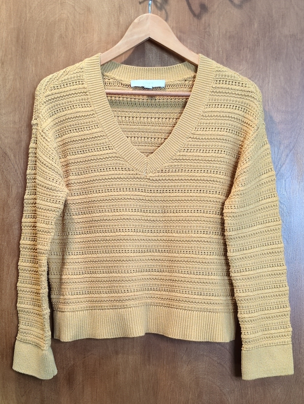 LOFT V-Neck Open Knit Sweater in Mustard Yellow Size XS